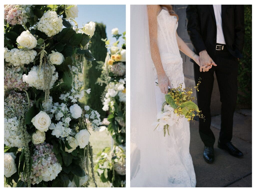 Two images, the first are white and green florals, the second, a bride and groom holding hands
