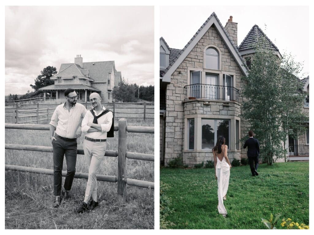 Two Couples pictured: the first pictures two grooms leaned up against a fence, the second a bride and groom walking away toward Greystone Castle