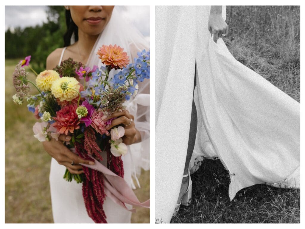 Twp images pictured: the first a bride genlty touching her colorful bouquet, the second, a bride playing with her dress in the wind