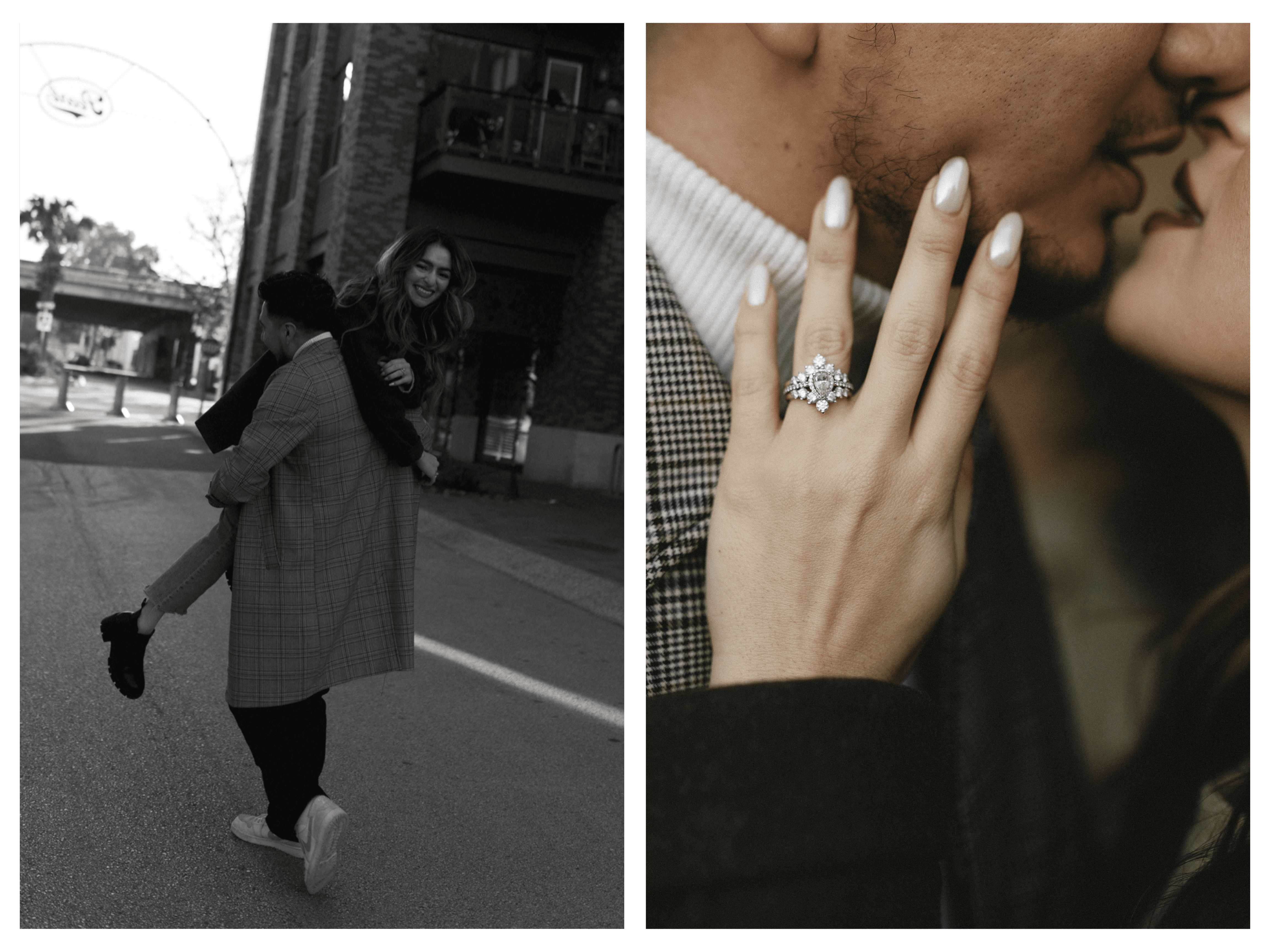 Two images of a just engaged couple in downtown Denver, Colorado