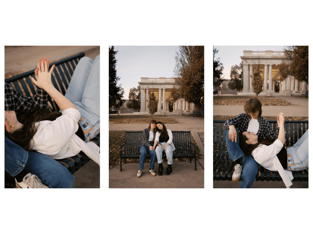 Three images of a couple at Cheeseman Park in Denver, Colorado