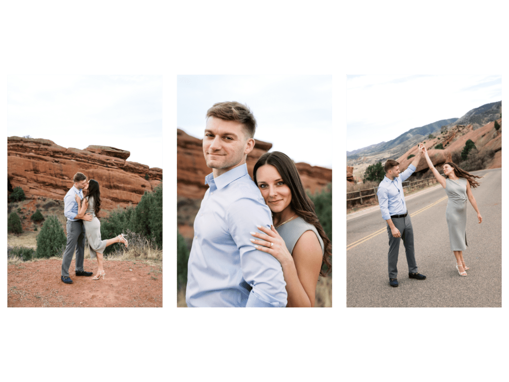 Three images of a couple at Red Rocks Park in Colorado